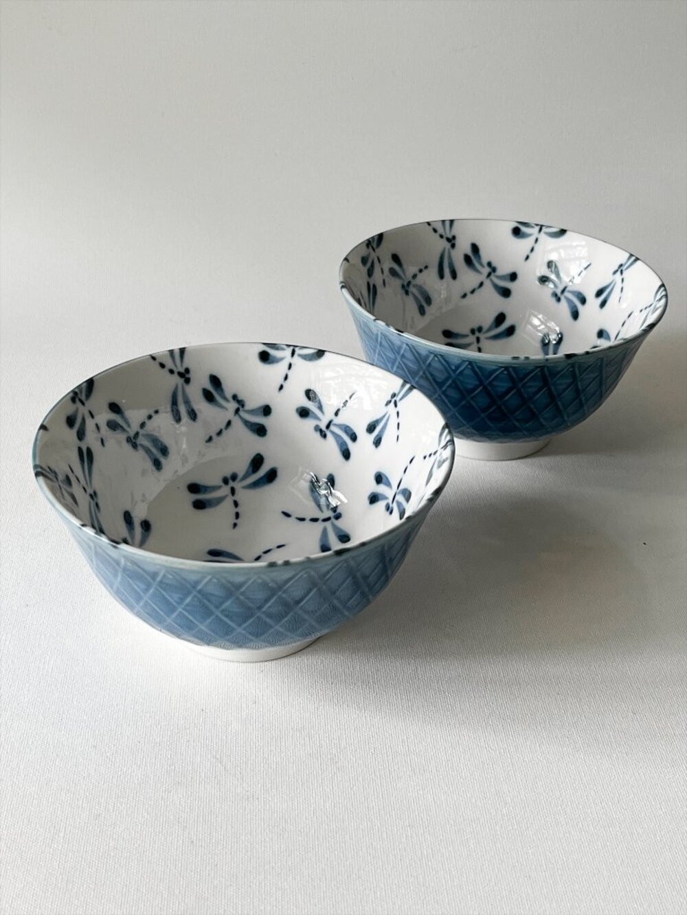 2 Vintage Kotobuki Japan Blue and White Dragonfly Ceramic Bowls 5”